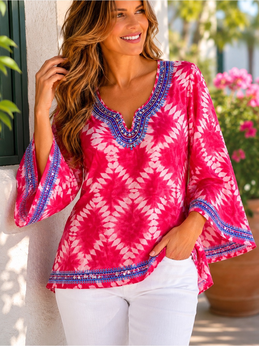 DG2 Diane Gilman 100% Silk Boho Tunic Embroidered Tie Dye Top L
